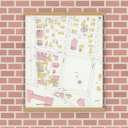 Old map wall art mockup — magnetic wood frame on brick wall — Sanborn Fire Insurance Map from Clinton, Worcester County, Massachusetts (1899), Sheet #0009