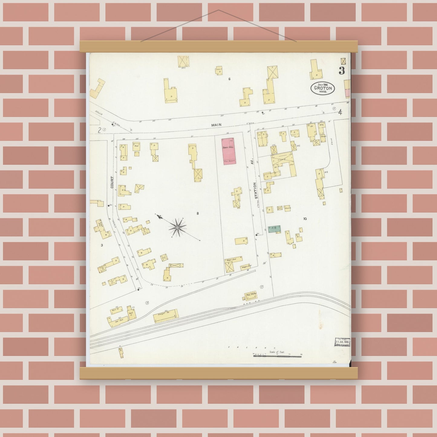 Old map wall art mockup — magnetic wood frame on brick wall — Sanborn Fire Insurance Map from Groton, Middlesex County, Massachusetts (1906), Sheet #0003
