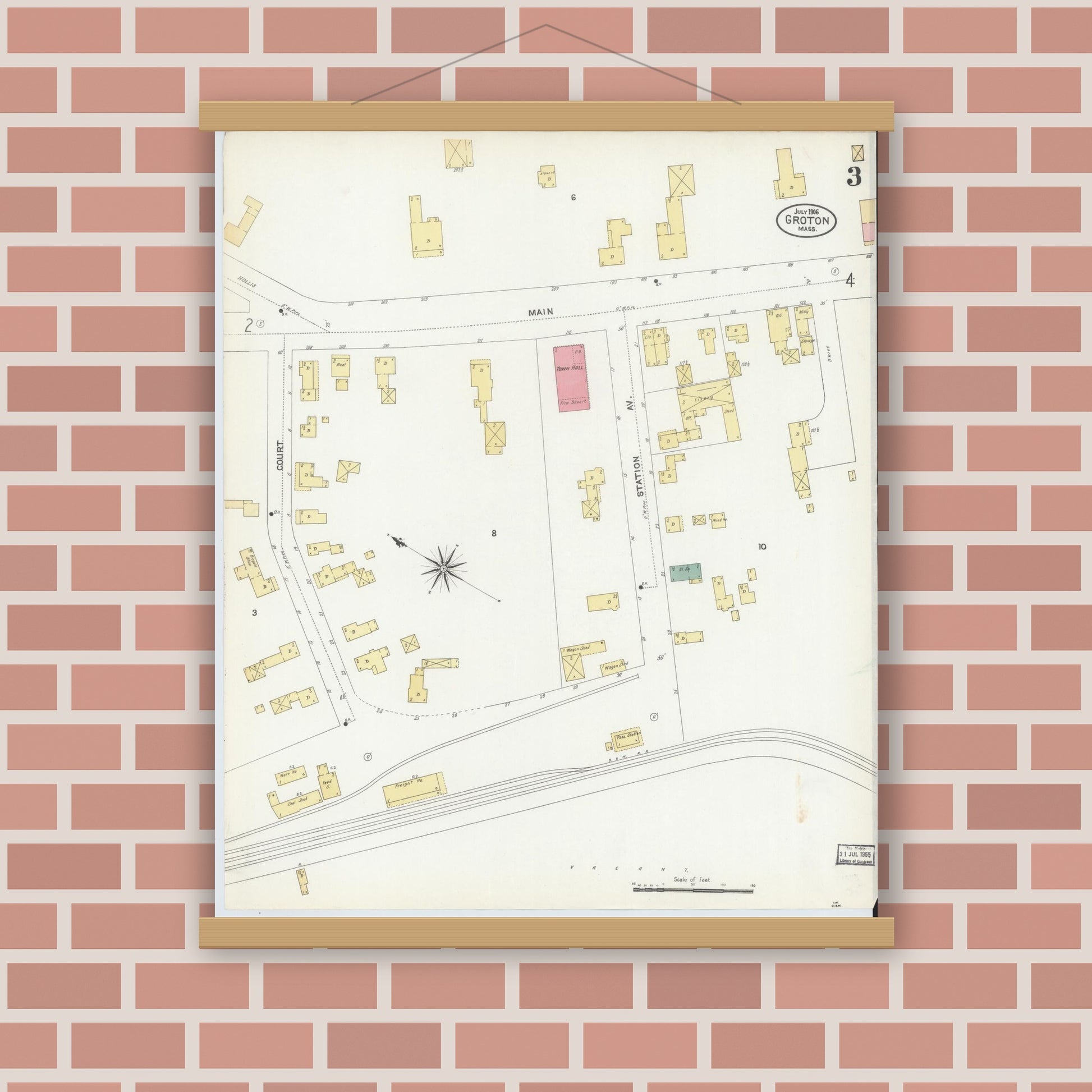 Old map wall art mockup — magnetic wood frame on brick wall — Sanborn Fire Insurance Map from Groton, Middlesex County, Massachusetts (1906), Sheet #0003
