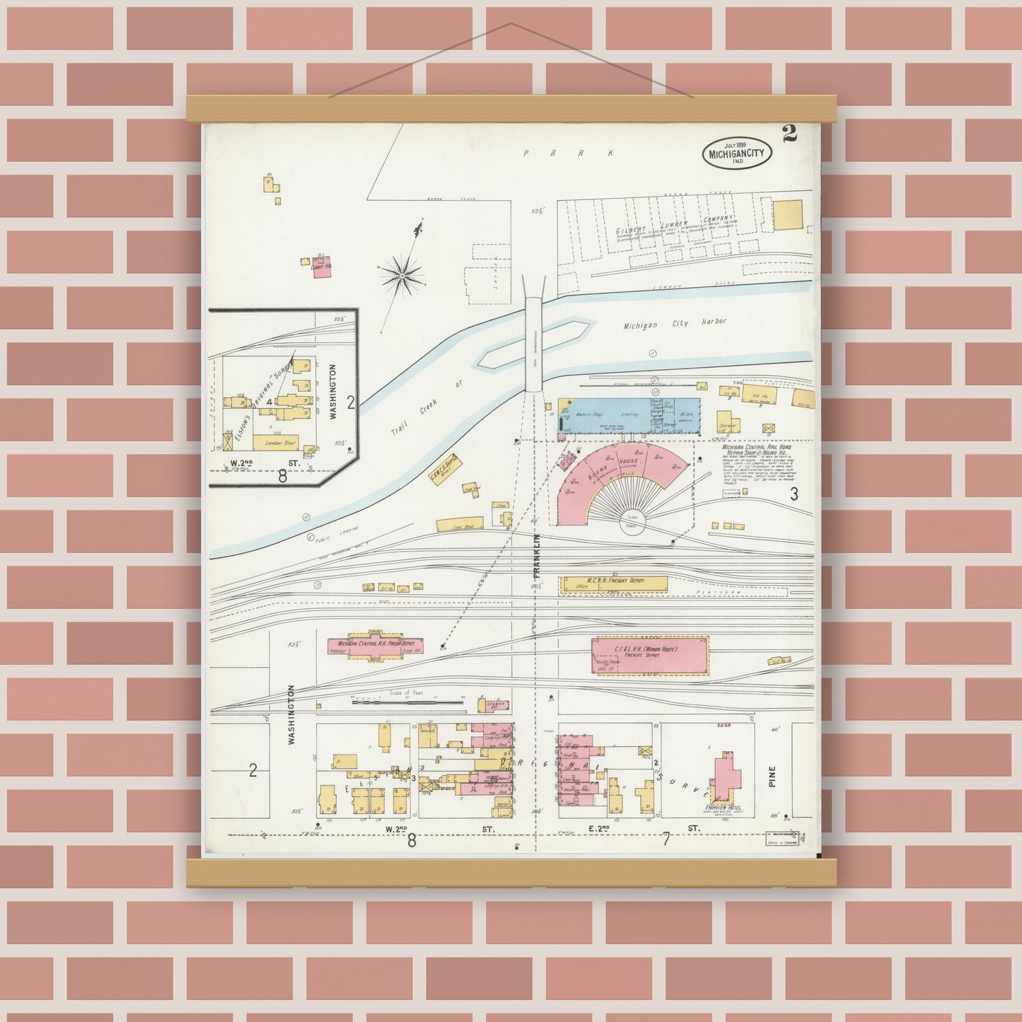 Old map wall art mockup — magnetic wood frame on brick wall — Sanborn Fire Insurance Map from Michigan City, La Porte County, Indiana (1899), Sheet #0002