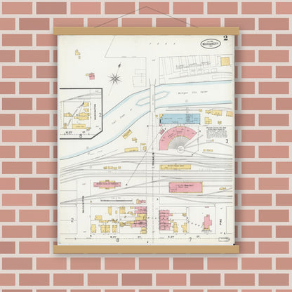 Old map wall art mockup — magnetic wood frame on brick wall — Sanborn Fire Insurance Map from Michigan City, La Porte County, Indiana (1899), Sheet #0002