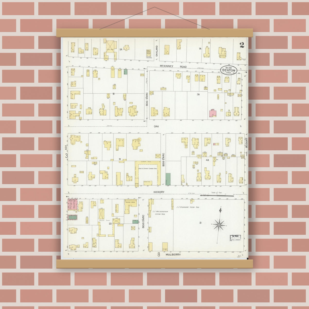 Old map wall art mockup — magnetic wood frame on brick wall — Sanborn Fire Insurance Map from Denton, Denton County, Texas (1901), Sheet #0002