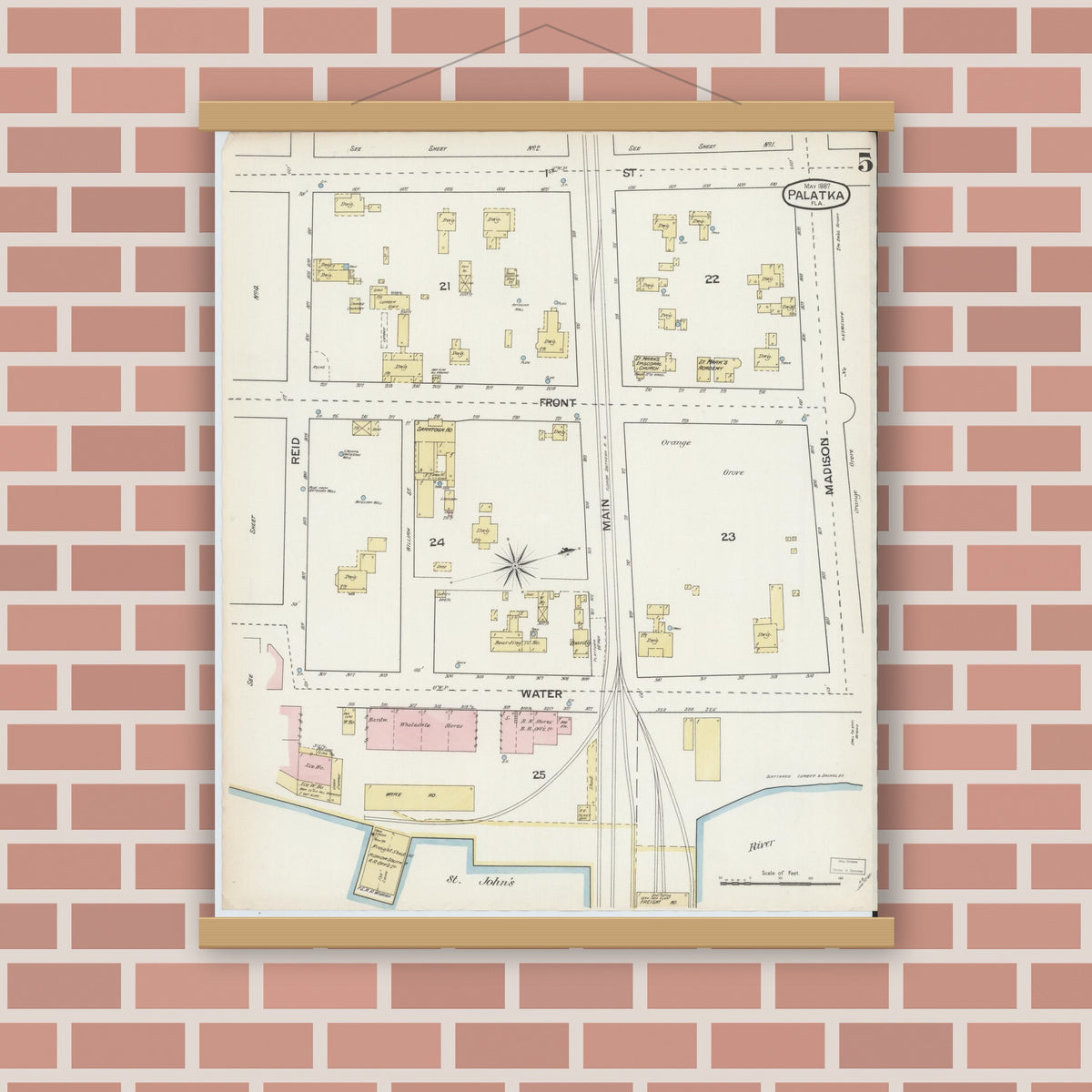 Old map wall art mockup — magnetic wood frame on brick wall — Sanborn Fire Insurance Map from Palatka, Putnam County, Florida (1887), Sheet #0005