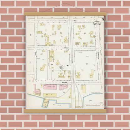 Old map wall art mockup — magnetic wood frame on brick wall — Sanborn Fire Insurance Map from Palatka, Putnam County, Florida (1887), Sheet #0005