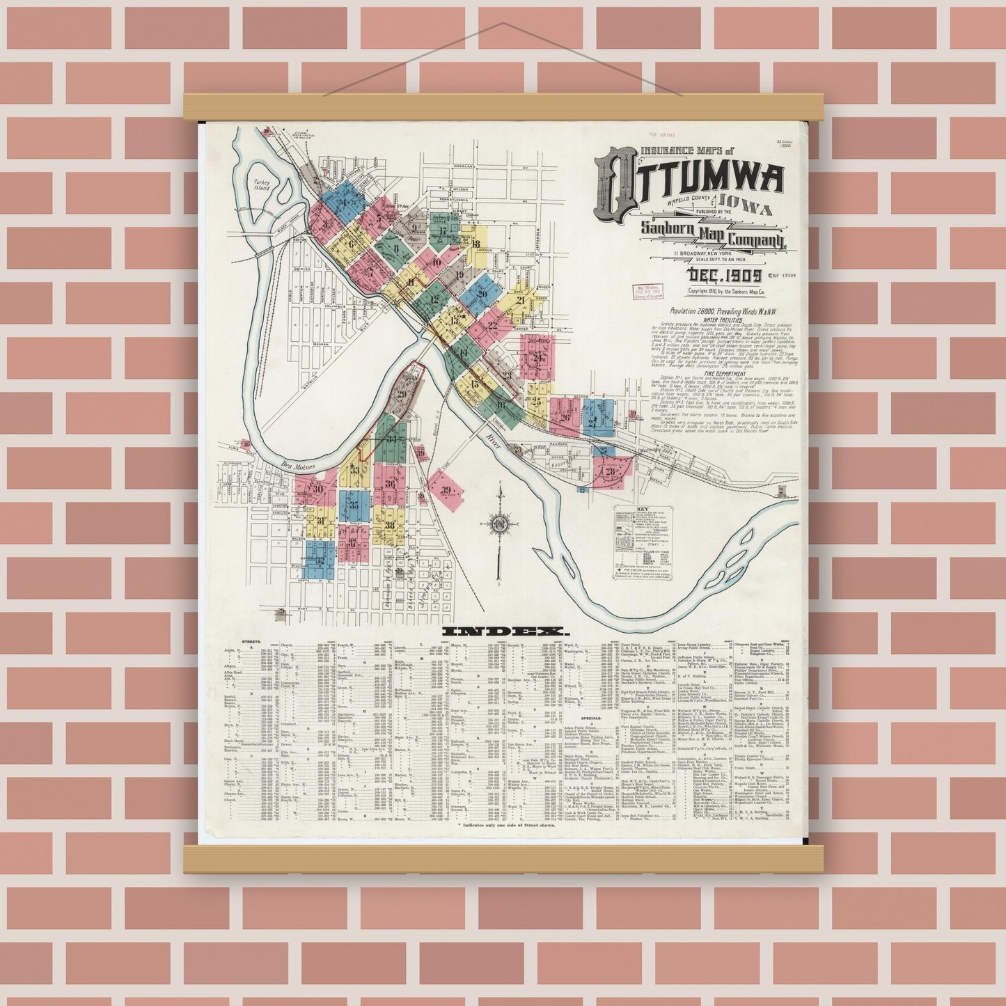 Old map wall art mockup — magnetic wood frame on brick wall — Sanborn Fire Insurance Map from Ottumwa, Wapello County, Iowa (1909), Sheet #0001