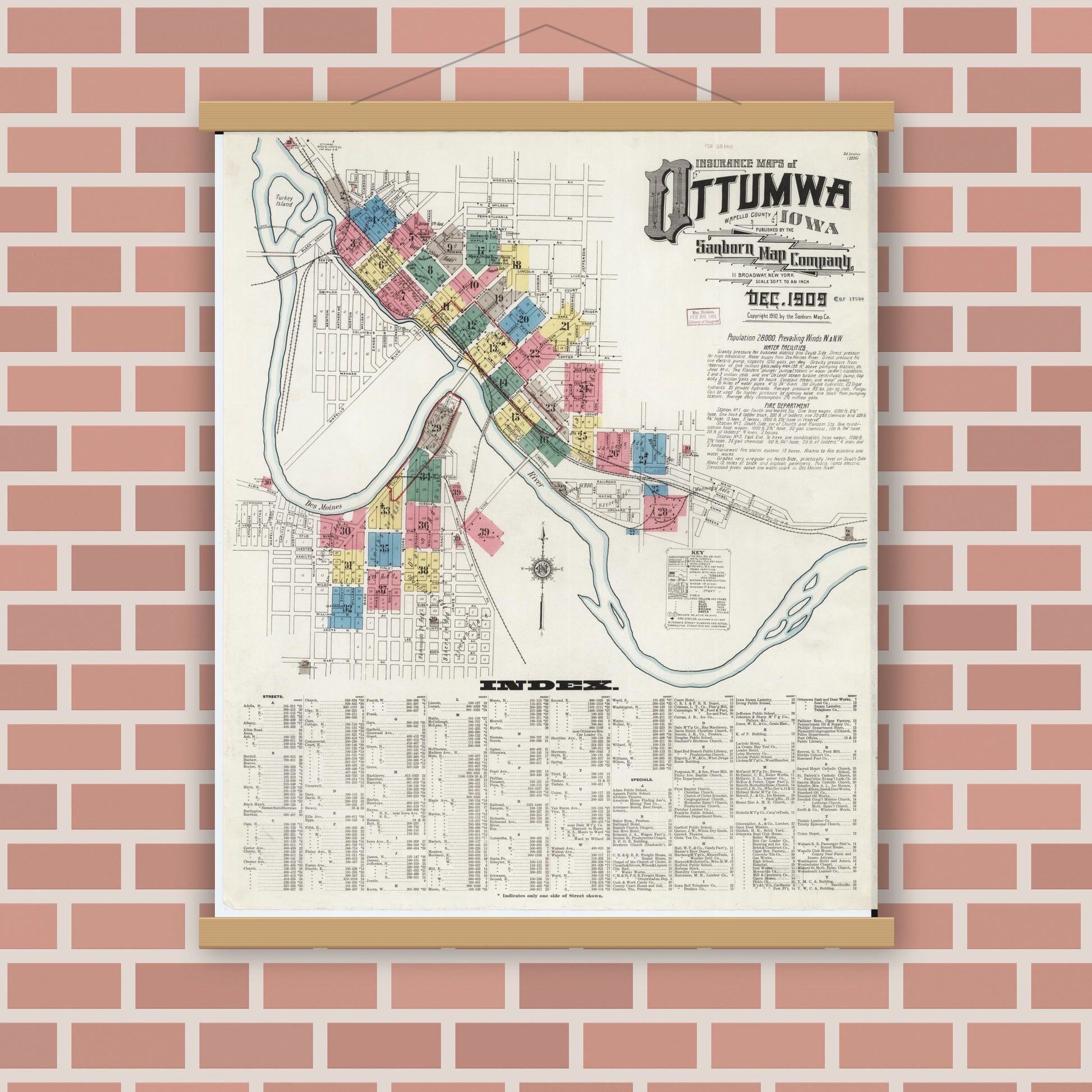 Old map wall art mockup — magnetic wood frame on brick wall — Sanborn Fire Insurance Map from Ottumwa, Wapello County, Iowa (1909), Sheet #0001