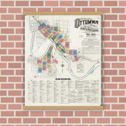 Old map wall art mockup — magnetic wood frame on brick wall — Sanborn Fire Insurance Map from Ottumwa, Wapello County, Iowa (1909), Sheet #0001
