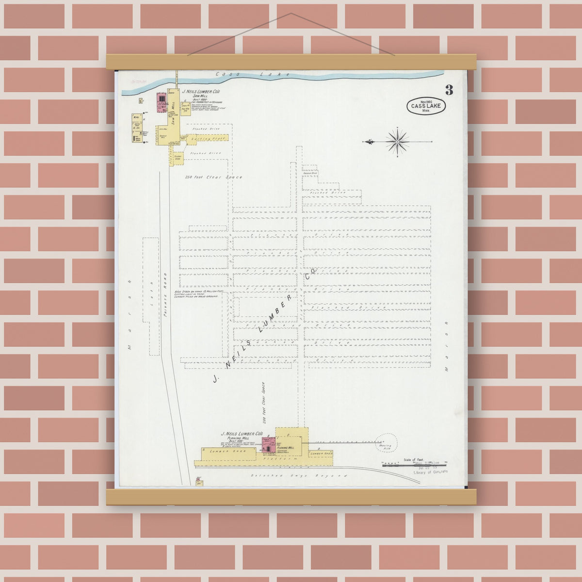 Old map wall art mockup — magnetic wood frame on brick wall — Sanborn Fire Insurance Map from Cass Lake, Cass County, Minnesota (1900), Sheet #0003