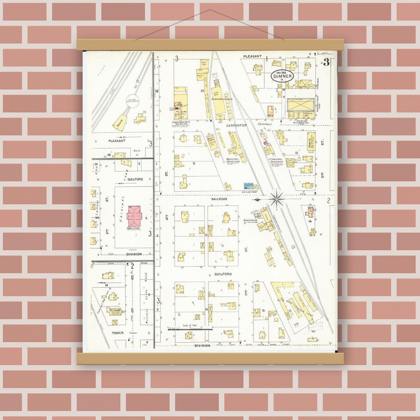 Old map wall art mockup — magnetic wood frame on brick wall — Sanborn Fire Insurance Map from Sumner, Bremer County, Iowa (1905), Sheet #0003