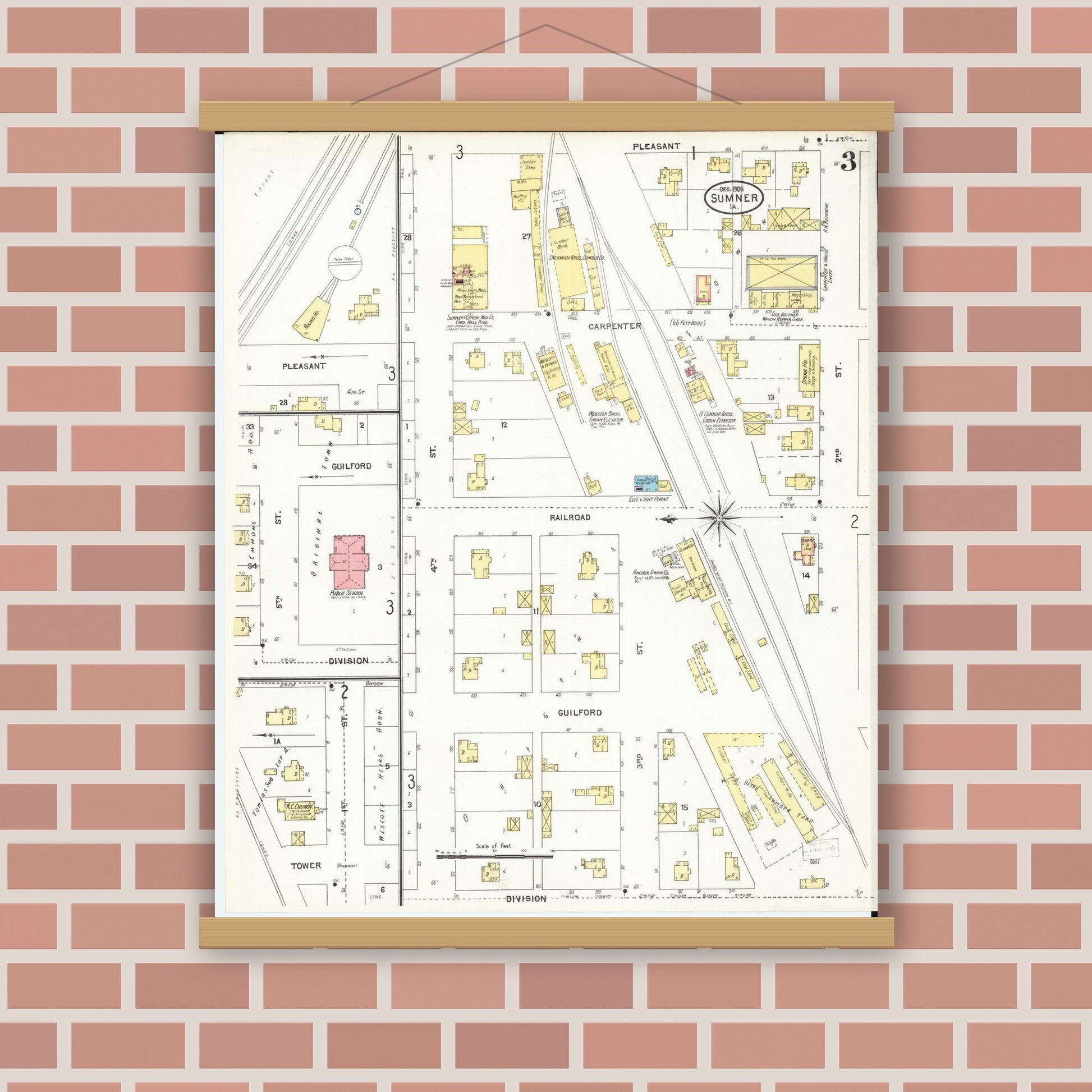 Old map wall art mockup — magnetic wood frame on brick wall — Sanborn Fire Insurance Map from Sumner, Bremer County, Iowa (1905), Sheet #0003