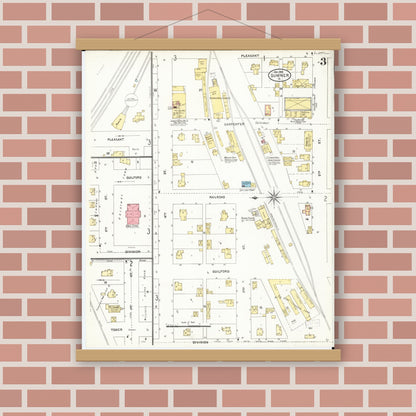 Old map wall art mockup — magnetic wood frame on brick wall — Sanborn Fire Insurance Map from Sumner, Bremer County, Iowa (1905), Sheet #0003