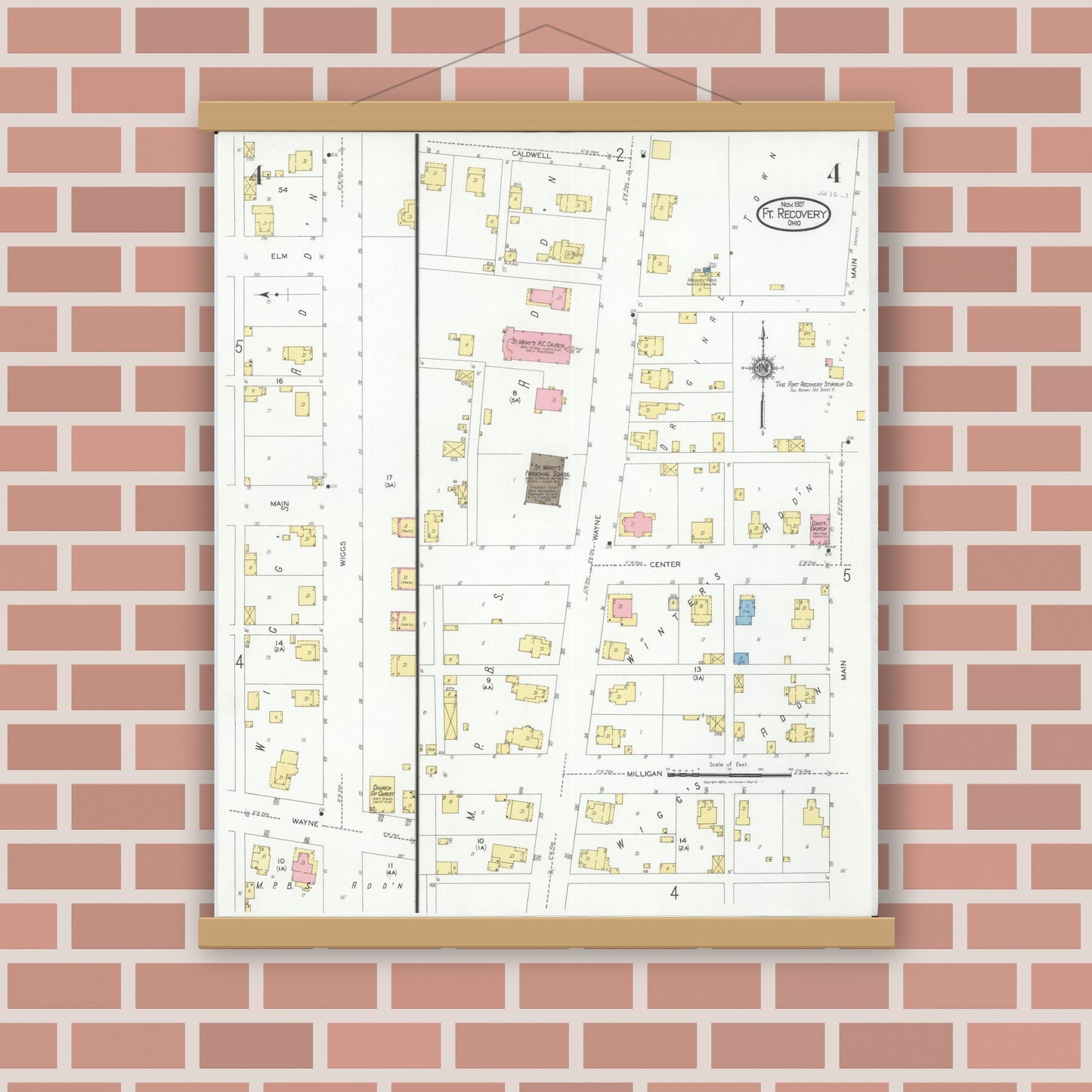 Old map wall art mockup — magnetic wood frame on brick wall — Sanborn Fire Insurance Map from Fort Recovery, Mercer County, Ohio (1927), Sheet #0004