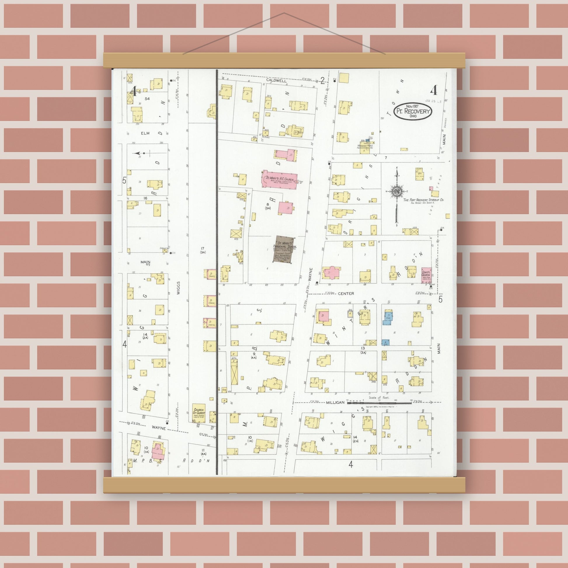 Old map wall art mockup — magnetic wood frame on brick wall — Sanborn Fire Insurance Map from Fort Recovery, Mercer County, Ohio (1927), Sheet #0004