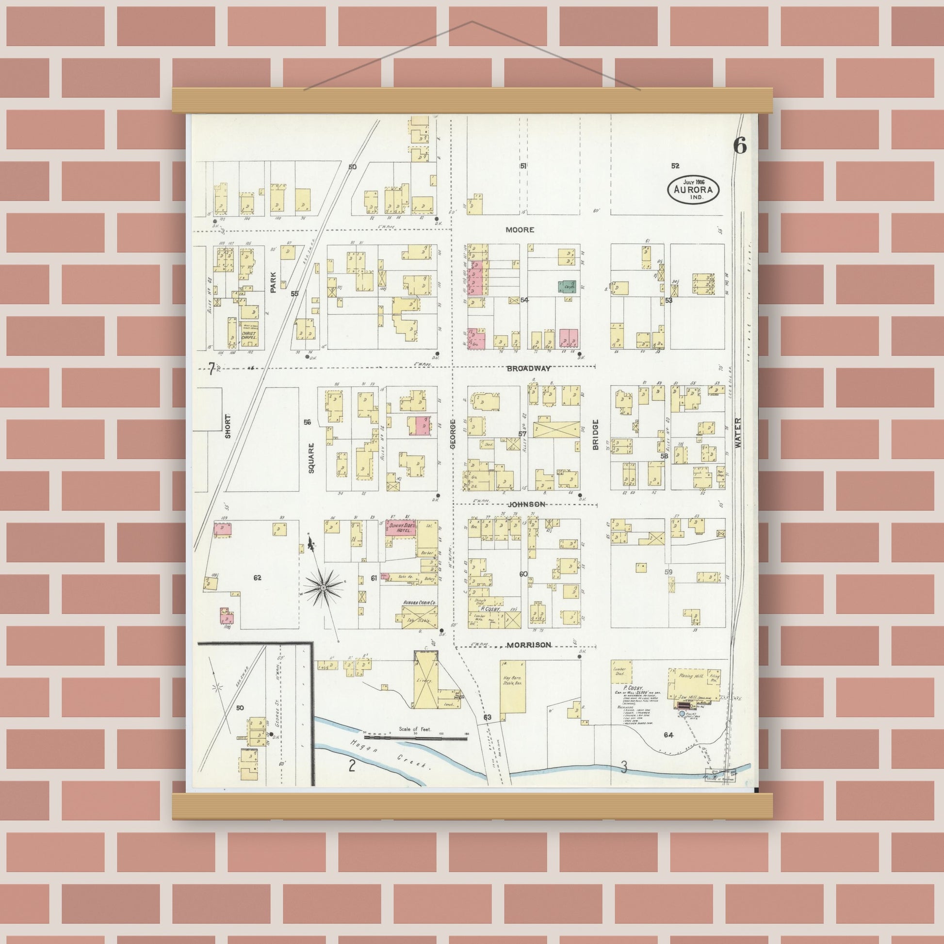 Old map wall art mockup — magnetic wood frame on brick wall — Sanborn Fire Insurance Map from Aurora, Dearborn County, Indiana (1906), Sheet #0006