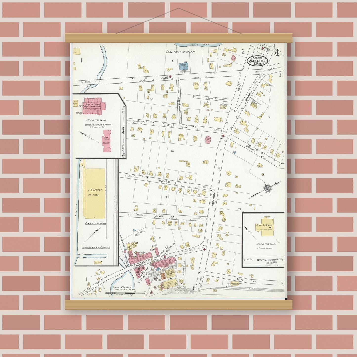 Old map wall art mockup — magnetic wood frame on brick wall — Sanborn Fire Insurance Map from Walpole, Norfolk County, Massachusetts (1918), Sheet #0004