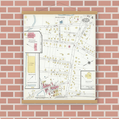 Old map wall art mockup — magnetic wood frame on brick wall — Sanborn Fire Insurance Map from Walpole, Norfolk County, Massachusetts (1918), Sheet #0004