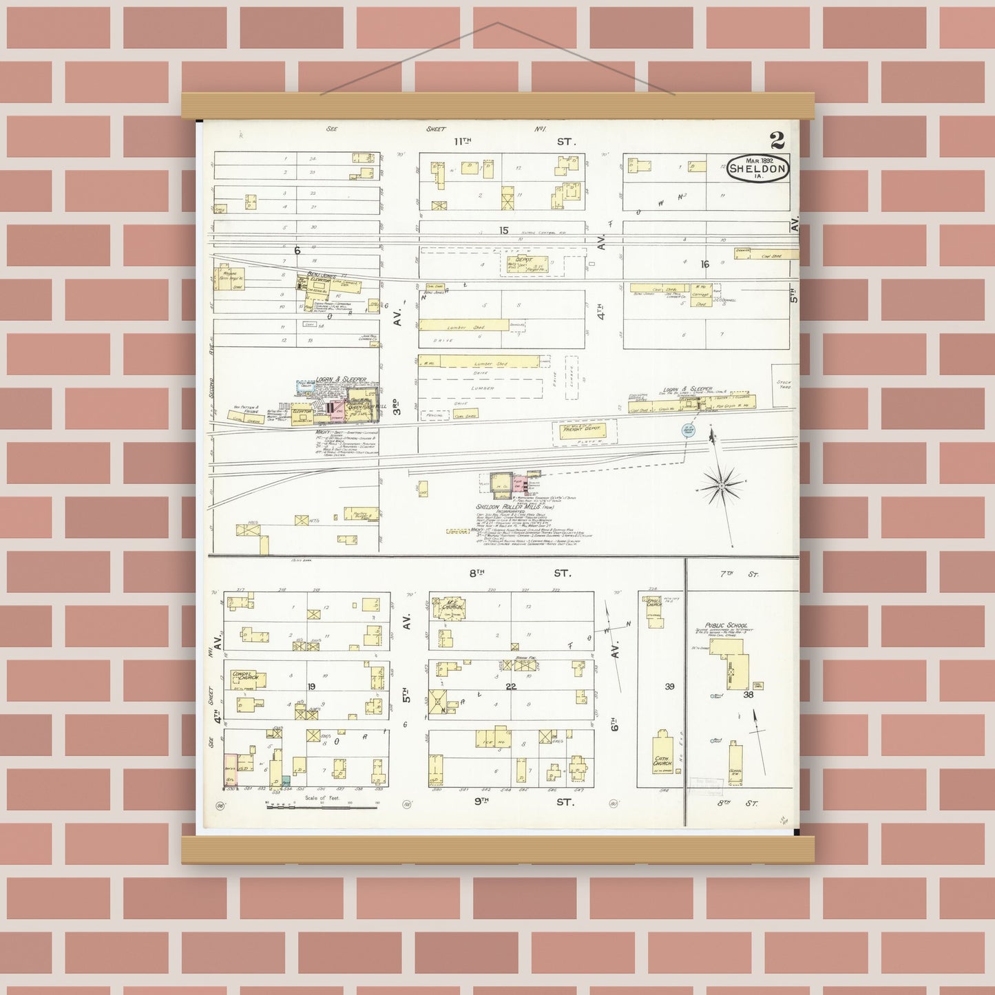 Old map wall art mockup — magnetic wood frame on brick wall — Sanborn Fire Insurance Map from Sheldon, O'Brien County, Iowa (1892), Sheet #0002