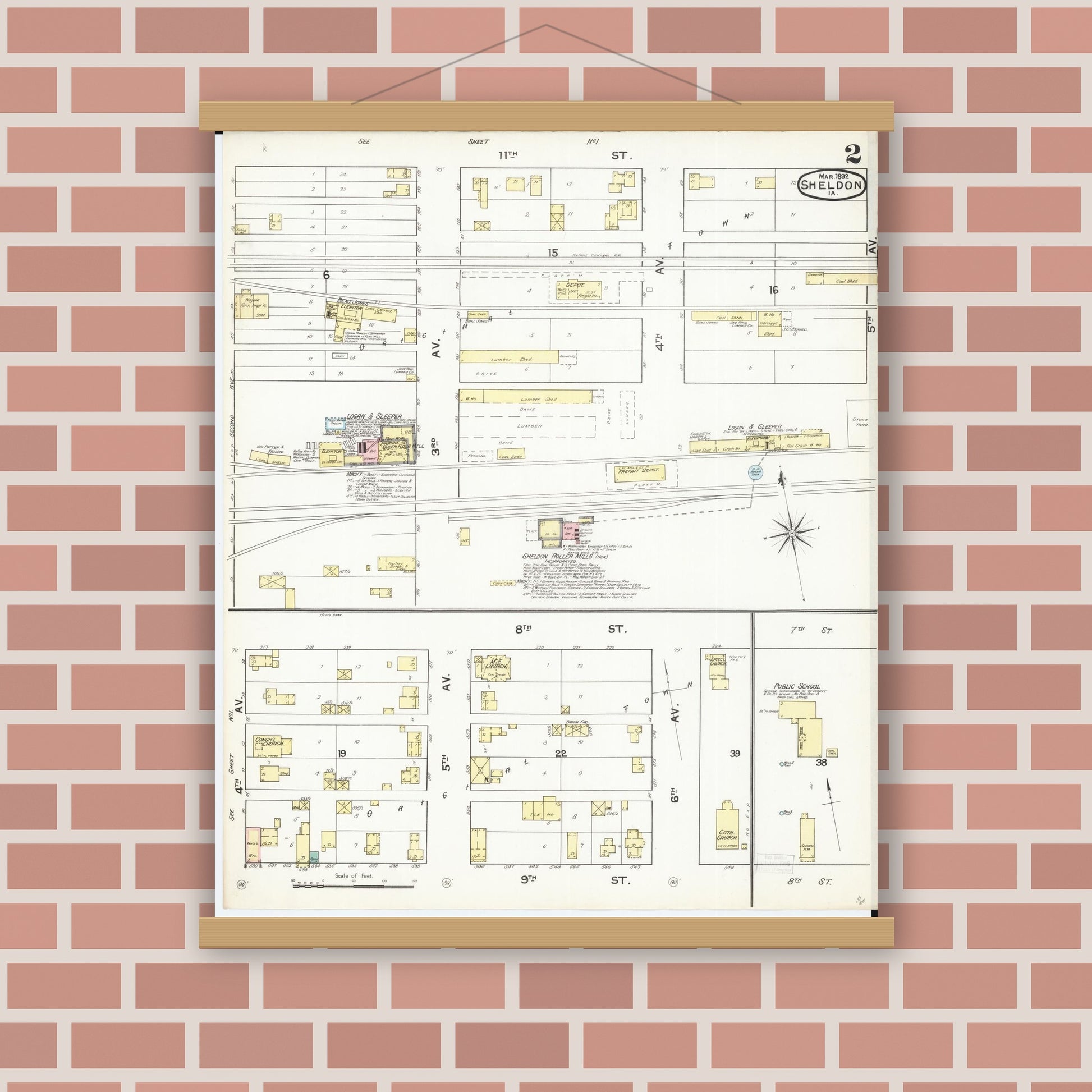 Old map wall art mockup — magnetic wood frame on brick wall — Sanborn Fire Insurance Map from Sheldon, O'Brien County, Iowa (1892), Sheet #0002