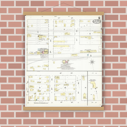 Old map wall art mockup — magnetic wood frame on brick wall — Sanborn Fire Insurance Map from Sheldon, O'Brien County, Iowa (1892), Sheet #0002