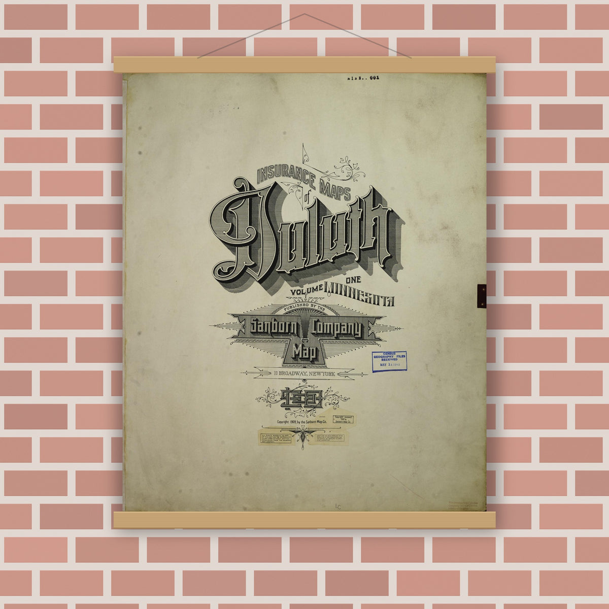 Old map wall art mockup — magnetic wood frame on brick wall — Sanborn Fire Insurance Map from Duluth, Saint Louis County, Minnesota (1950), Sheet #0001