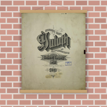 Old map wall art mockup — magnetic wood frame on brick wall — Sanborn Fire Insurance Map from Duluth, Saint Louis County, Minnesota (1950), Sheet #0001