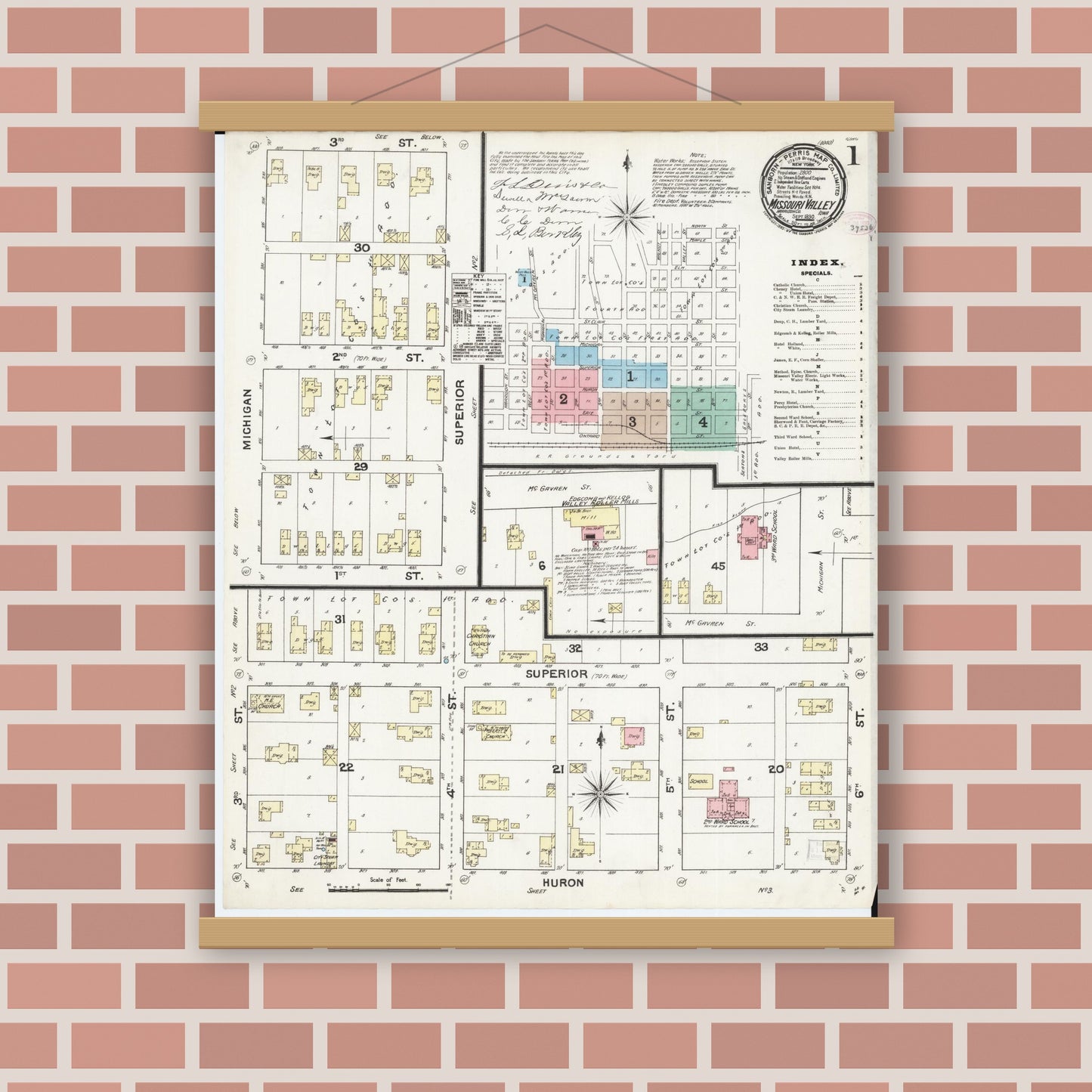 Old map wall art mockup — magnetic wood frame on brick wall — Sanborn Fire Insurance Map from Missouri Valley, Harrison County, Iowa (1890) - Complete Map Set