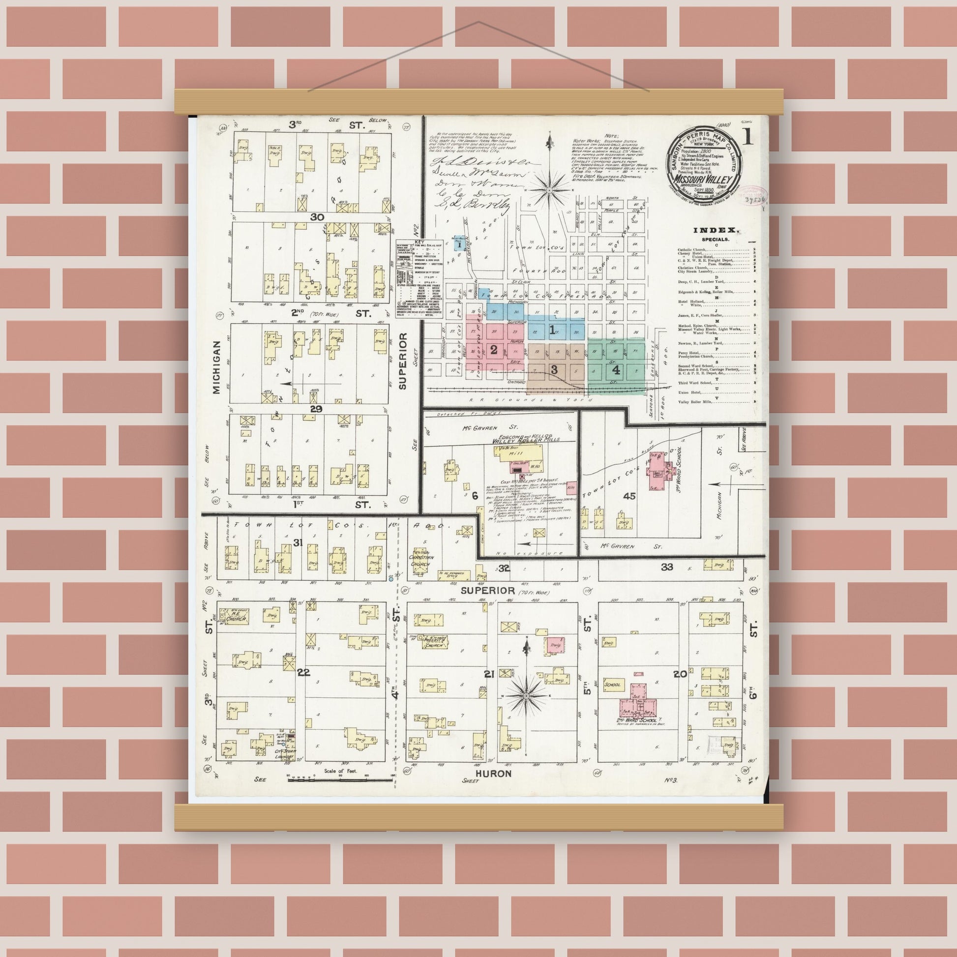Old map wall art mockup — magnetic wood frame on brick wall — Sanborn Fire Insurance Map from Missouri Valley, Harrison County, Iowa (1890) - Complete Map Set