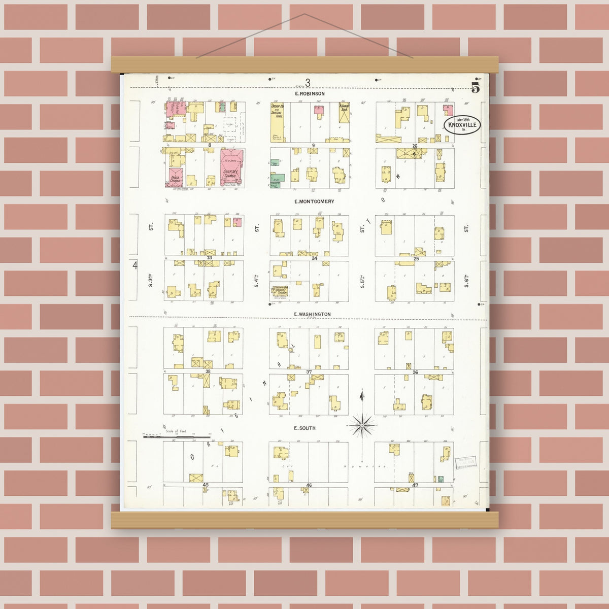 Old map wall art mockup — magnetic wood frame on brick wall — Sanborn Fire Insurance Map from Knoxville, Marion County, Iowa (1899), Sheet #0005