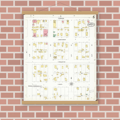 Old map wall art mockup — magnetic wood frame on brick wall — Sanborn Fire Insurance Map from Knoxville, Marion County, Iowa (1899), Sheet #0005