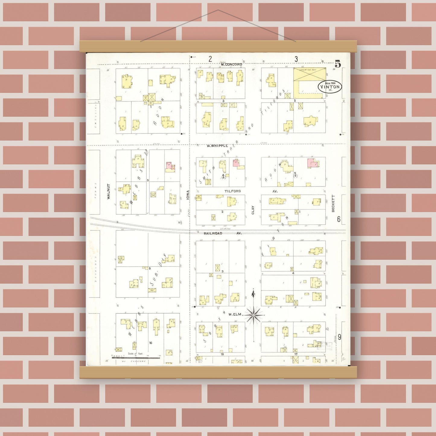 Old map wall art mockup — magnetic wood frame on brick wall — Sanborn Fire Insurance Map from Vinton, Benton County, Iowa (1906), Sheet #0005