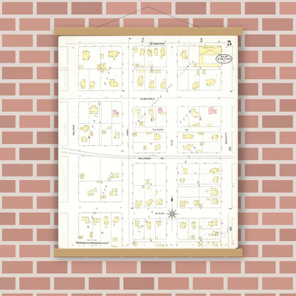 Old map wall art mockup — magnetic wood frame on brick wall — Sanborn Fire Insurance Map from Vinton, Benton County, Iowa (1906), Sheet #0005