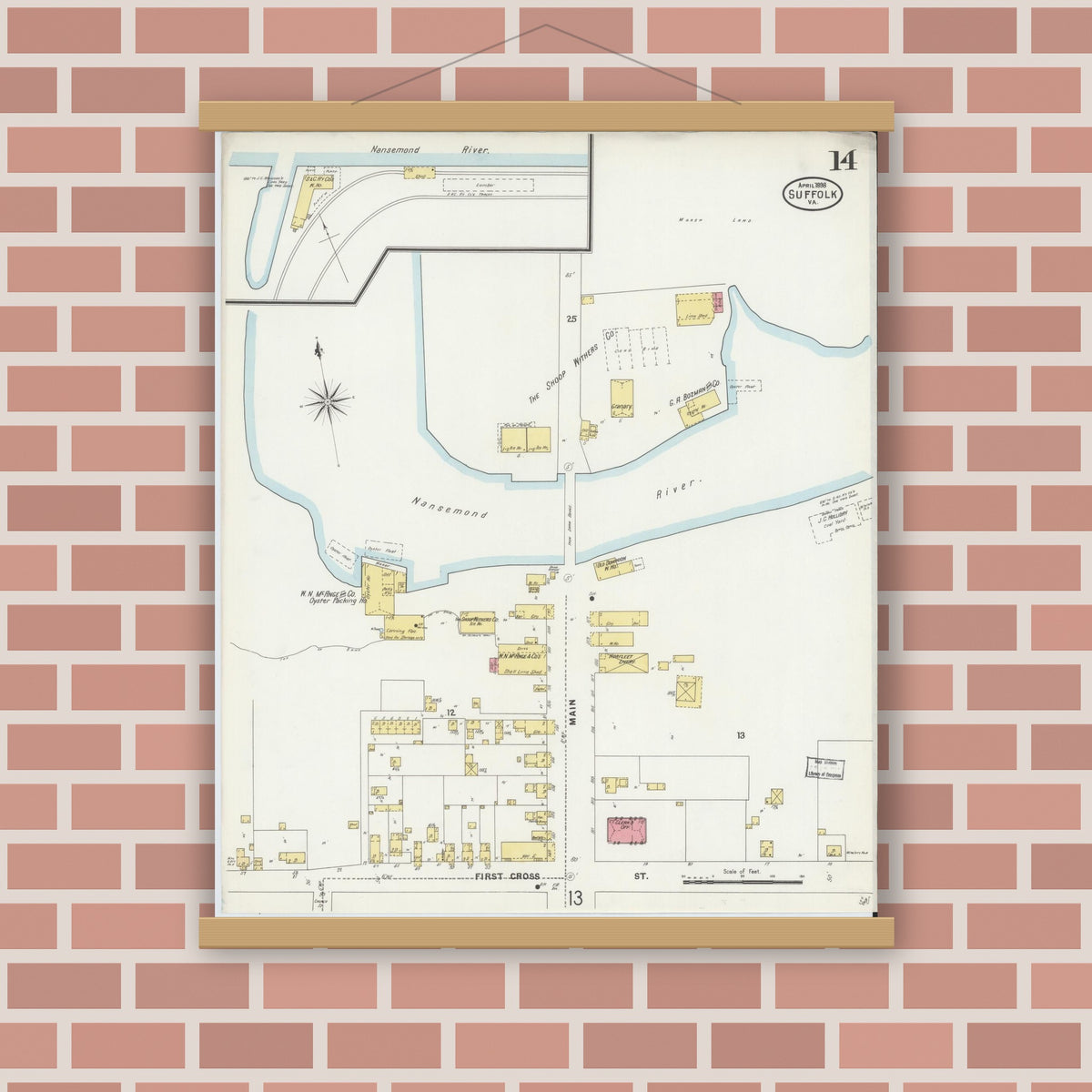 Old map wall art mockup — magnetic wood frame on brick wall — Sanborn Fire Insurance Map from Suffolk, Independent Cities, Virginia (1898), Sheet #0014