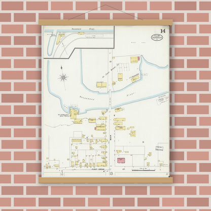 Old map wall art mockup — magnetic wood frame on brick wall — Sanborn Fire Insurance Map from Suffolk, Independent Cities, Virginia (1898), Sheet #0014