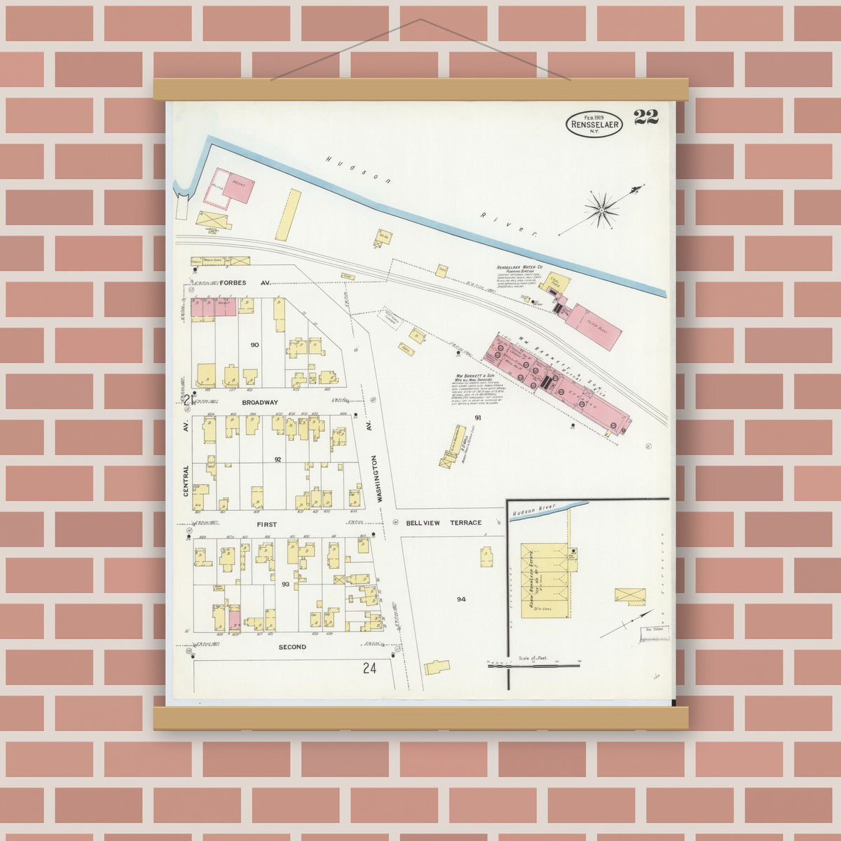 Old map wall art mockup — magnetic wood frame on brick wall — Sanborn Fire Insurance Map from Rensselaer, Rensselaer County, New York (1909), Sheet #0022