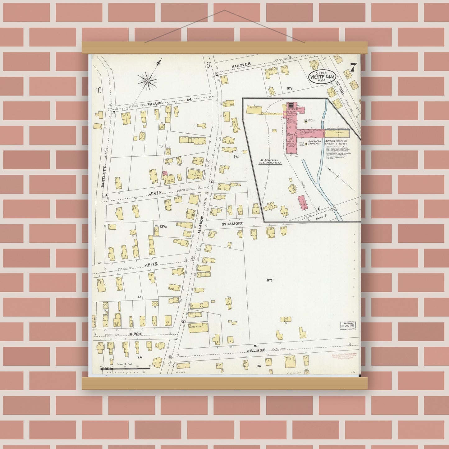 Old map wall art mockup — magnetic wood frame on brick wall — Sanborn Fire Insurance Map from Westfield, Hampden County, Massachusetts (1905), Sheet #0007