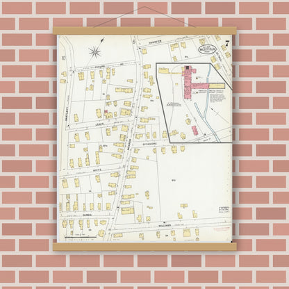 Old map wall art mockup — magnetic wood frame on brick wall — Sanborn Fire Insurance Map from Westfield, Hampden County, Massachusetts (1905), Sheet #0007