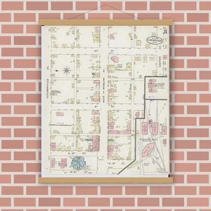 Old map wall art mockup — magnetic wood frame on brick wall — Sanborn Fire Insurance Map from Cambridge, Guernsey County, Ohio (1886), Sheet #0003