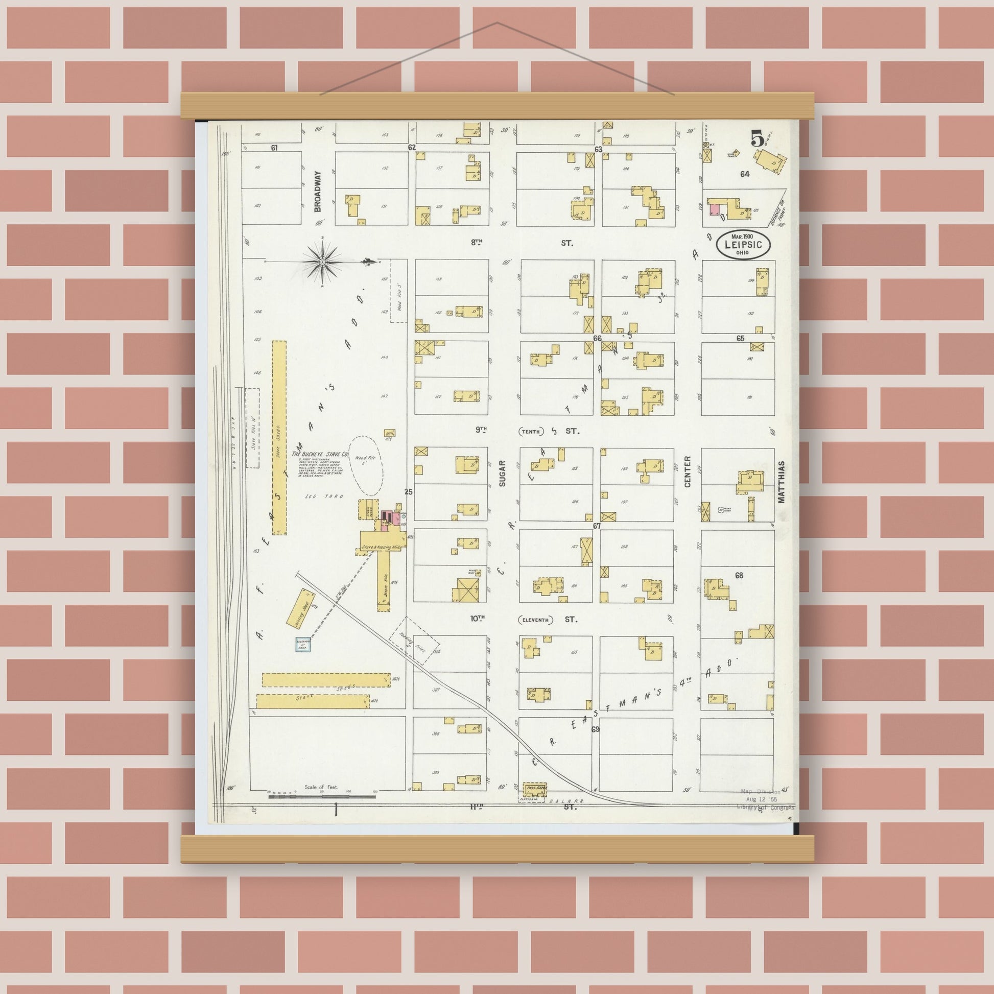Old map wall art mockup — magnetic wood frame on brick wall — Sanborn Fire Insurance Map from Leipsic, Putnam County, Ohio (1900), Sheet #0005
