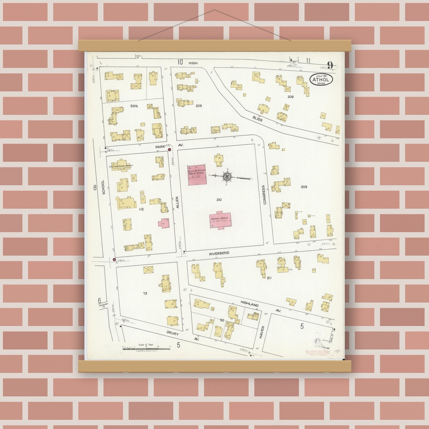 Old map wall art mockup — magnetic wood frame on brick wall — Sanborn Fire Insurance Map from Athol, Worcester County, Massachusetts (1917), Sheet #0009