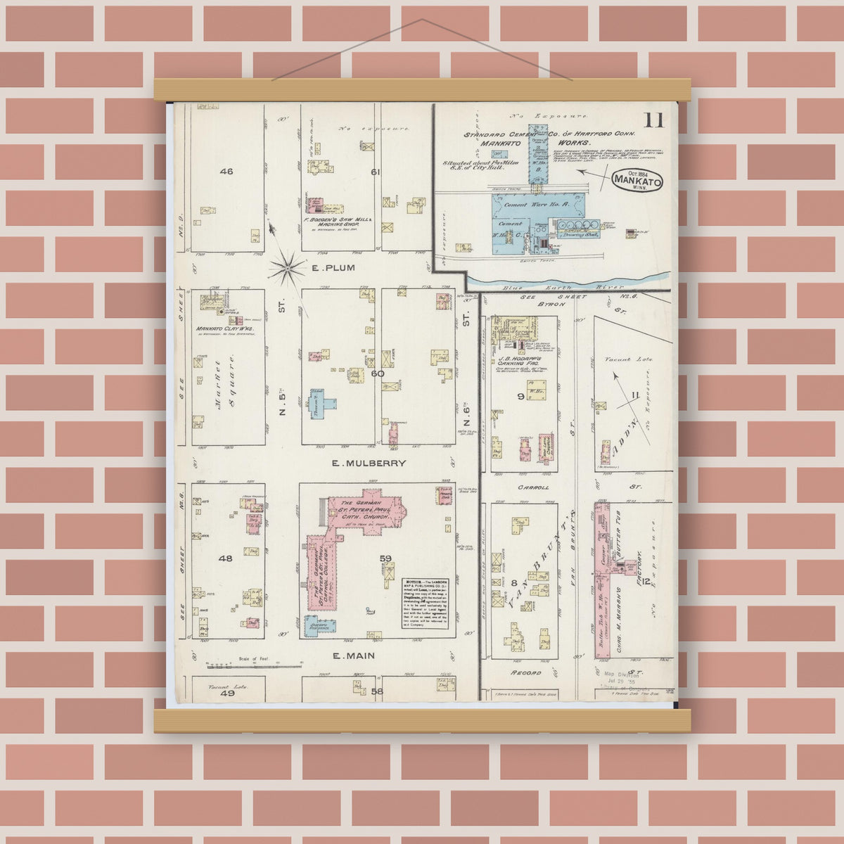 Old map wall art mockup — magnetic wood frame on brick wall — Sanborn Fire Insurance Map from Mankato, Blue Earth County, Minnesota (1884), Sheet #0011