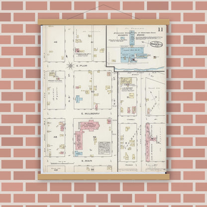 Old map wall art mockup — magnetic wood frame on brick wall — Sanborn Fire Insurance Map from Mankato, Blue Earth County, Minnesota (1884), Sheet #0011