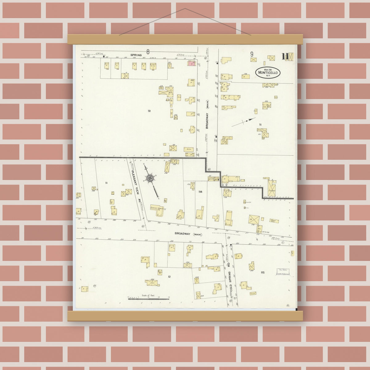 Old map wall art mockup — magnetic wood frame on brick wall — Sanborn Fire Insurance Map from Monticello, Sullivan County, New York (1911), Sheet #0011