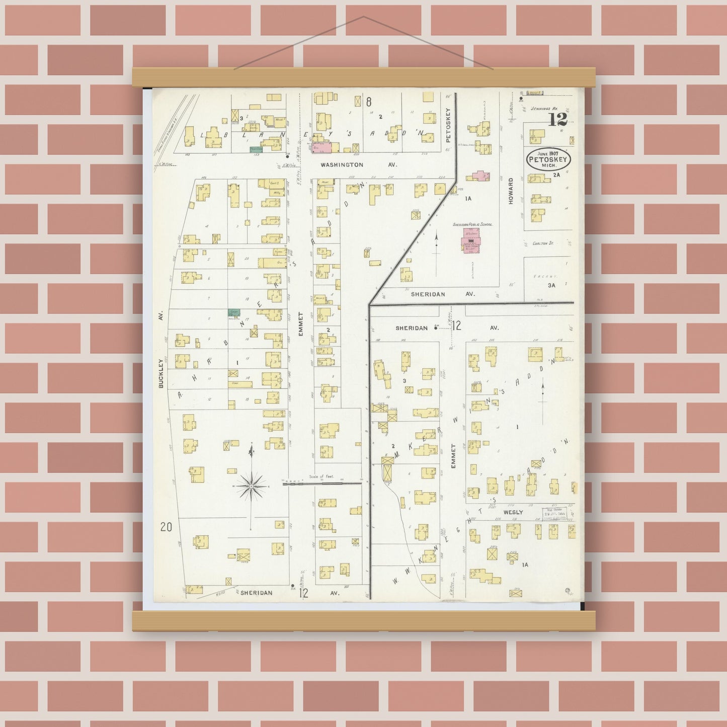 Old map wall art mockup — magnetic wood frame on brick wall — Sanborn Fire Insurance Map from Petoskey, Emmet County, Michigan (1907), Sheet #0012