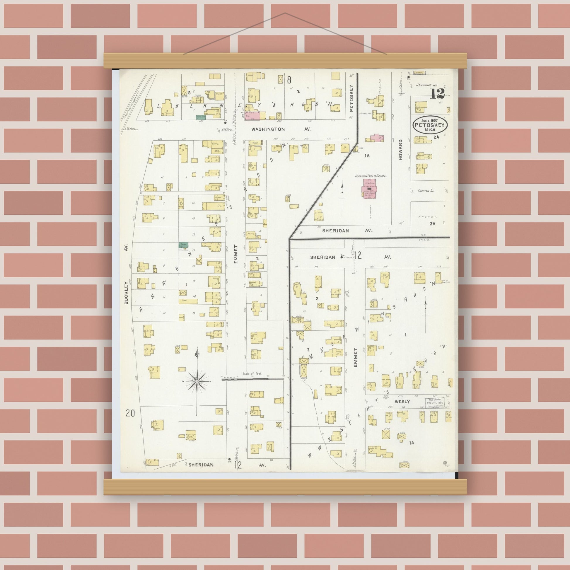 Old map wall art mockup — magnetic wood frame on brick wall — Sanborn Fire Insurance Map from Petoskey, Emmet County, Michigan (1907), Sheet #0012