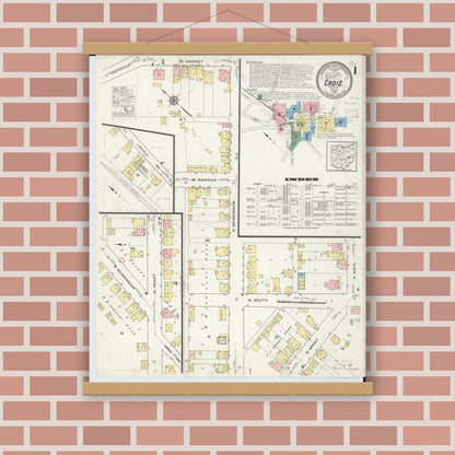 Old map wall art mockup — magnetic wood frame on brick wall — Sanborn Fire Insurance Map from Cadiz, Harrison County, Ohio (1916), Sheet #0001