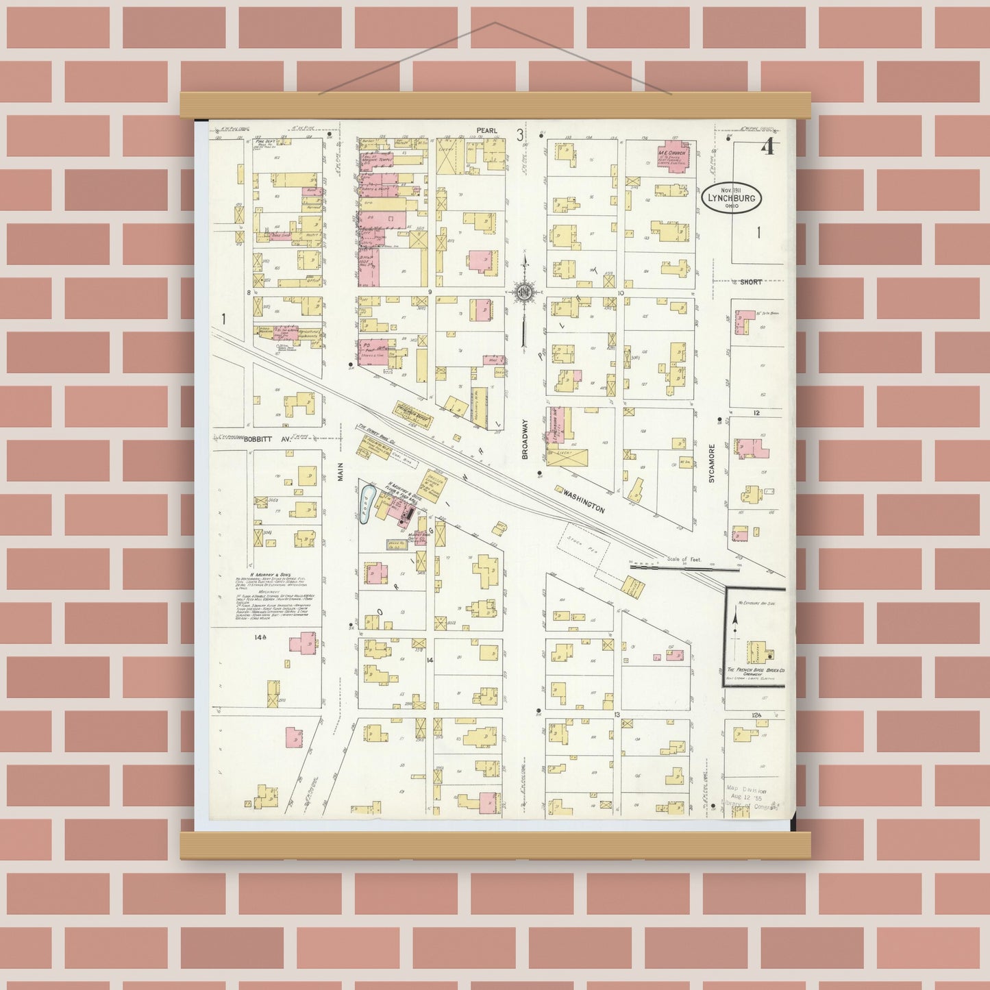 Old map wall art mockup — magnetic wood frame on brick wall — Sanborn Fire Insurance Map from Lynchburg, Highland County, Ohio (1911), Sheet #0004