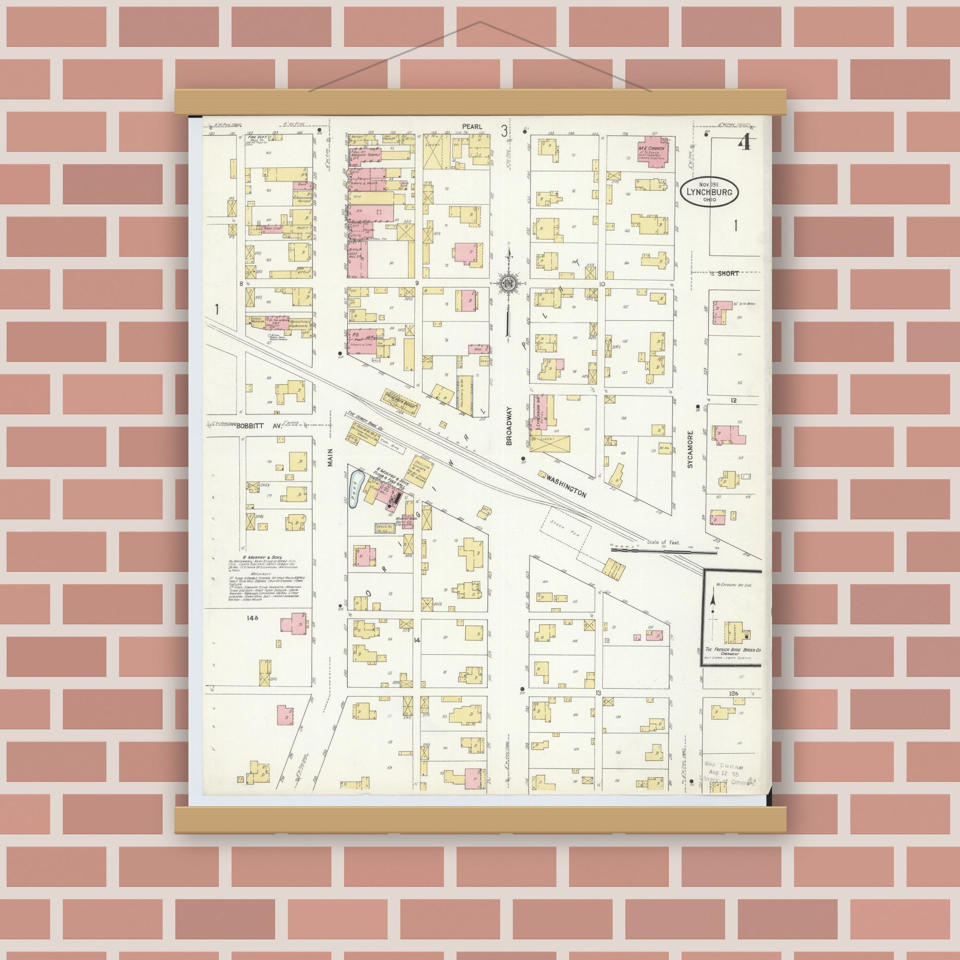 Old map wall art mockup — magnetic wood frame on brick wall — Sanborn Fire Insurance Map from Lynchburg, Highland County, Ohio (1911), Sheet #0004