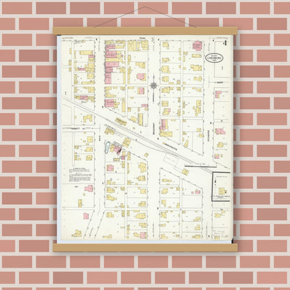 Old map wall art mockup — magnetic wood frame on brick wall — Sanborn Fire Insurance Map from Lynchburg, Highland County, Ohio (1911), Sheet #0004