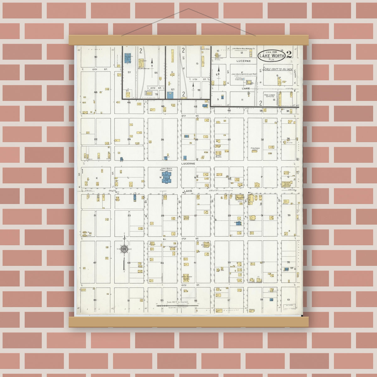 Old map wall art mockup — magnetic wood frame on brick wall — Sanborn Fire Insurance Map from Lake Worth, Palm Beach County, Florida (1918), Sheet #0002