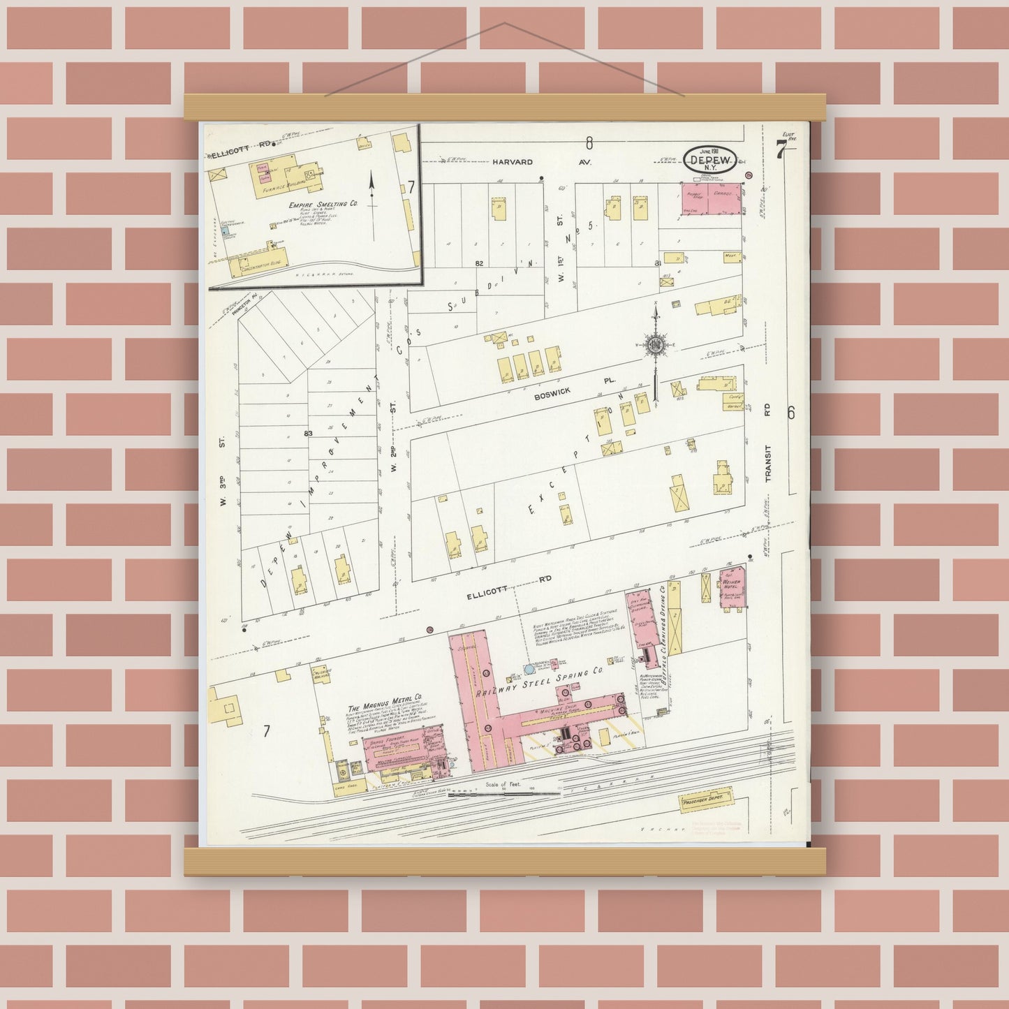 Old map wall art mockup — magnetic wood frame on brick wall — Sanborn Fire Insurance Map from Depew, Erie County, New York (1911), Sheet #0006